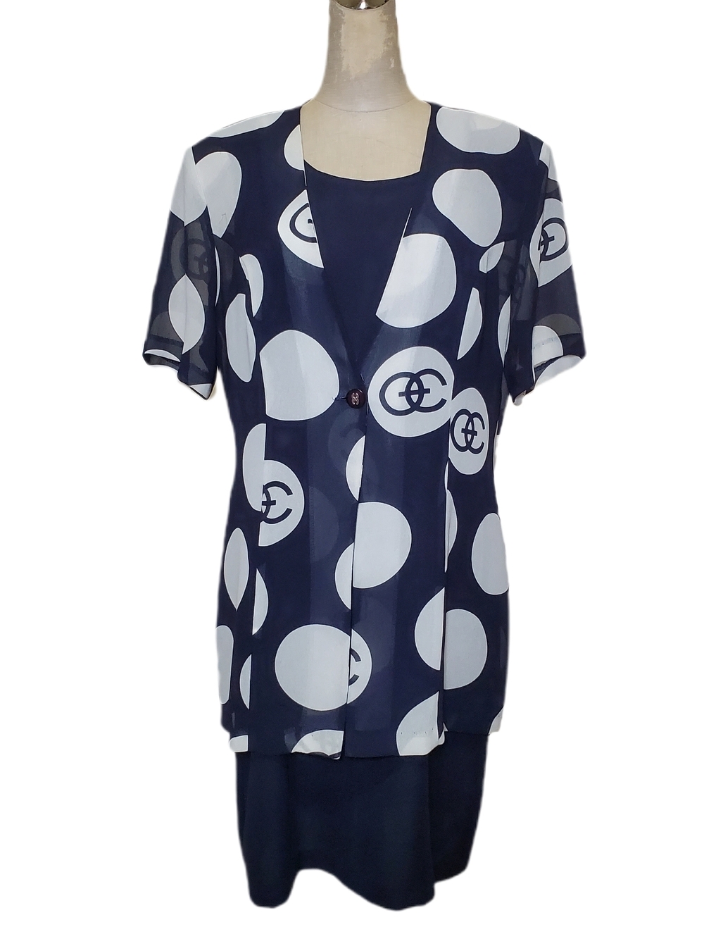 ANNA Black & White Polka Dot Short Sleeve Blazer With Sleeveless Dress Sz L